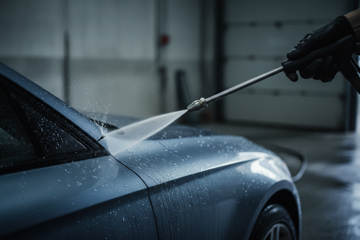 Water blaster washing the car