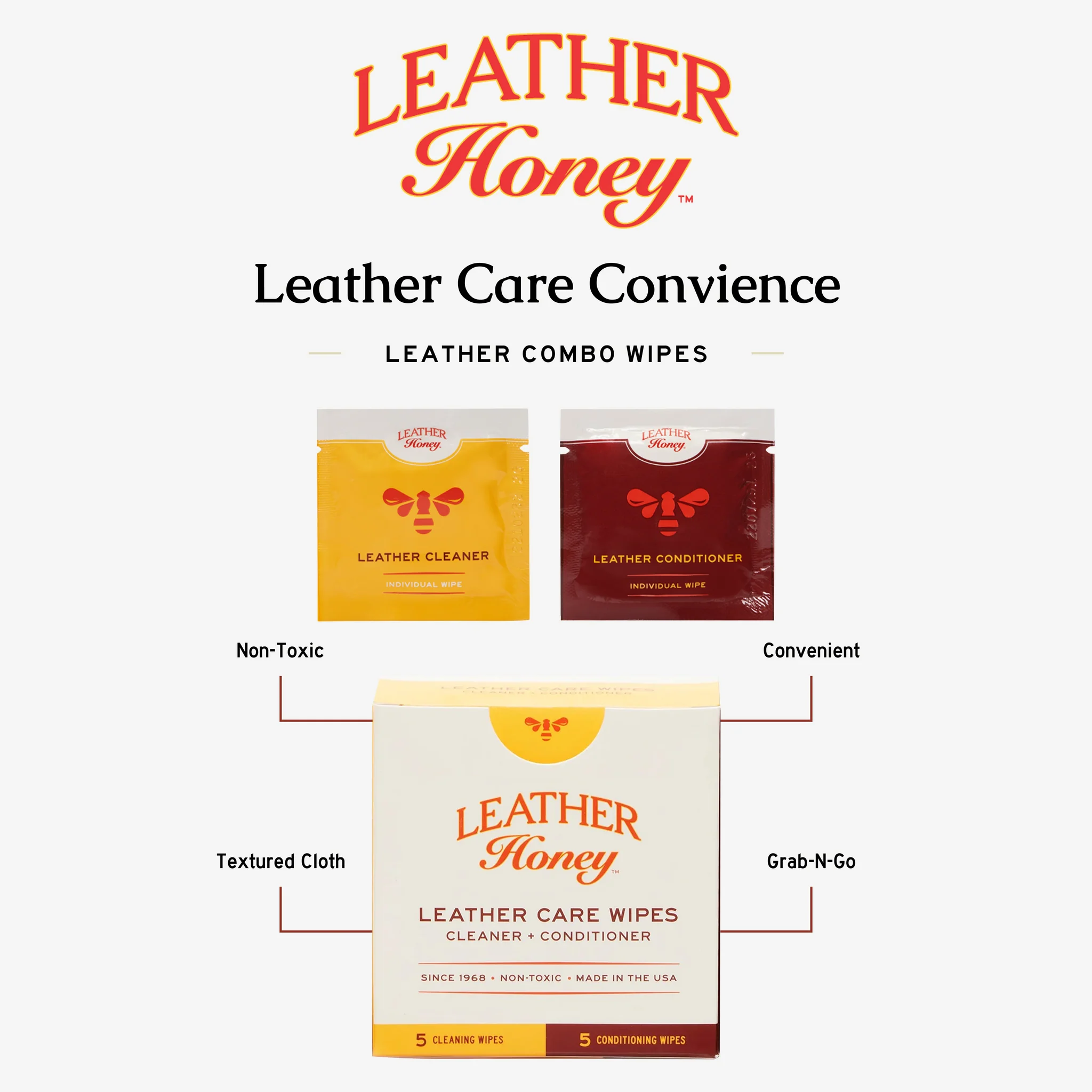 Leather Honey Leather Care Wipes Combo Pack – 5 Cleaner + 5 Conditioner (10 Pack) Leather Honey