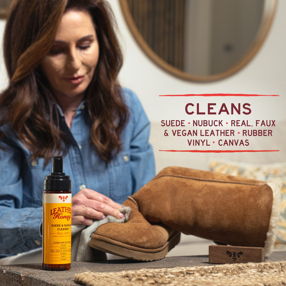 Leather Honey Suede & Nubuck Cleaner – 4oz foaming spray for suede, nubuck and delicate materials | Shineworks NZ