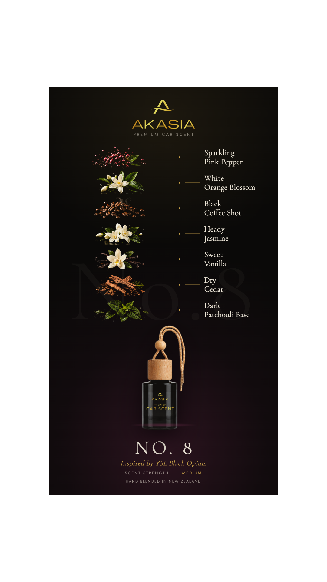 Akasia No. 8 — Premium Car Air Freshener (Inspired by YSL Black Opium) Akasia