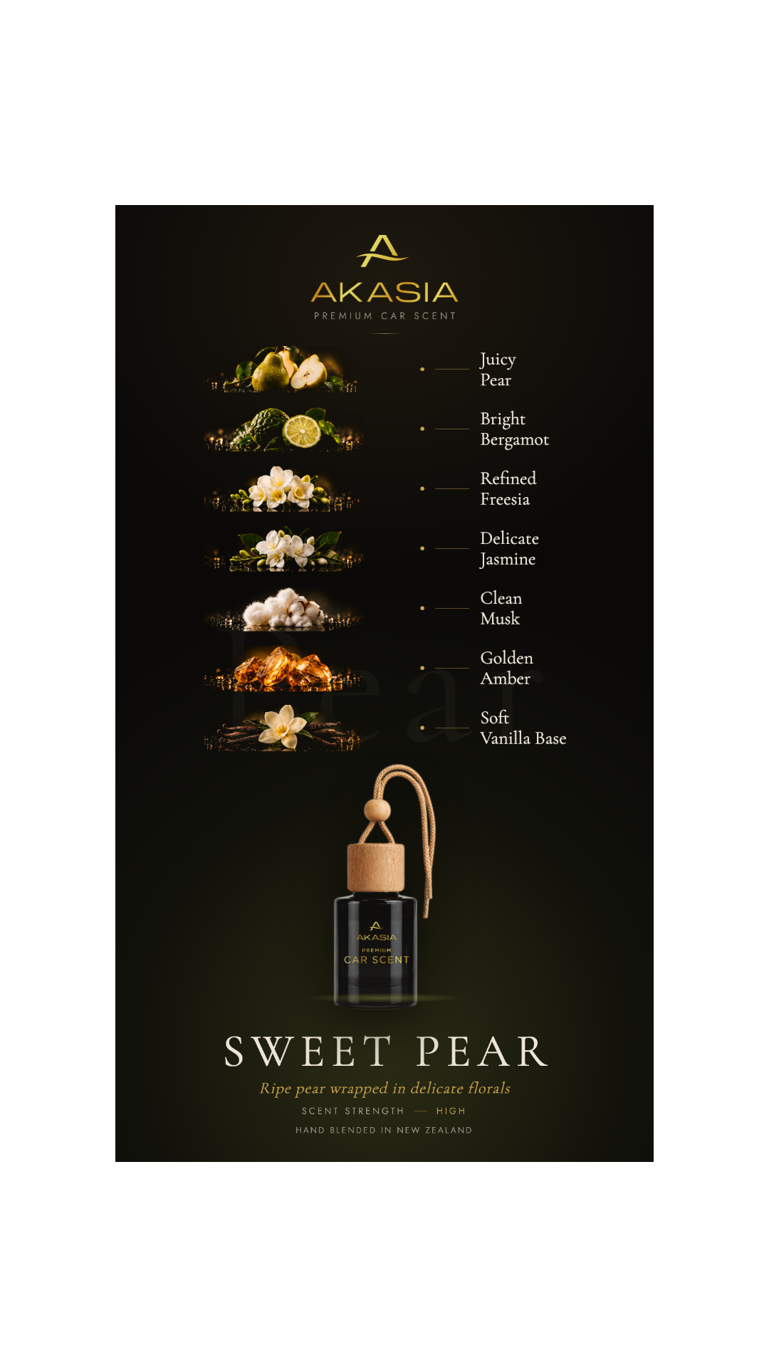 A vertical black promotional card for Akasia Sweet Pear car perfume. The card features the Akasia brand logo at the top, a list of scent notes including juicy pear, bright bergamot, refined frankincense, clean musk, golden amber, and vanilla base, and a photo of the perfume bottle with dropper at the bottom.